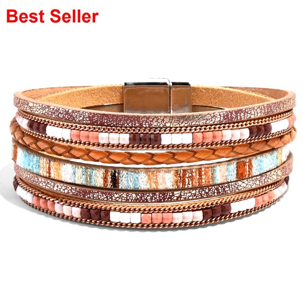 Leather Wrap Bracelets with Strong Clasp Multi-Layer Boho Jewelry